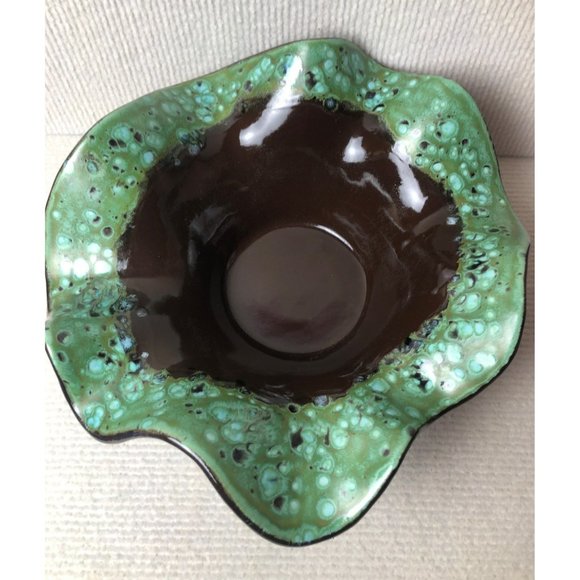 Unique Handmade Glazed Pottery Bowl w/Flutted Edges, Signed - Picture 2 of 5